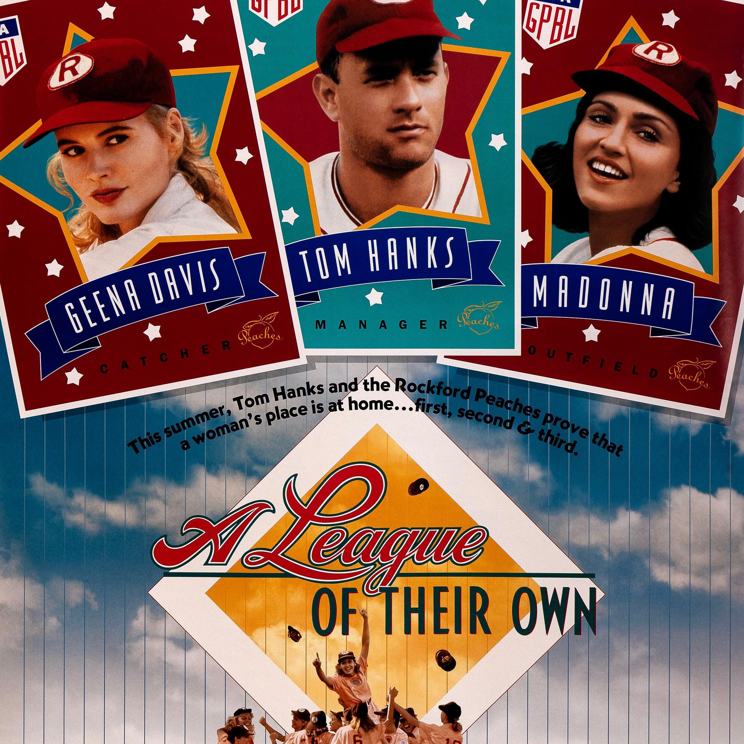 image of women in baseball uniforms on a baseball field with three baseball trading card s featuring the stars of the movie