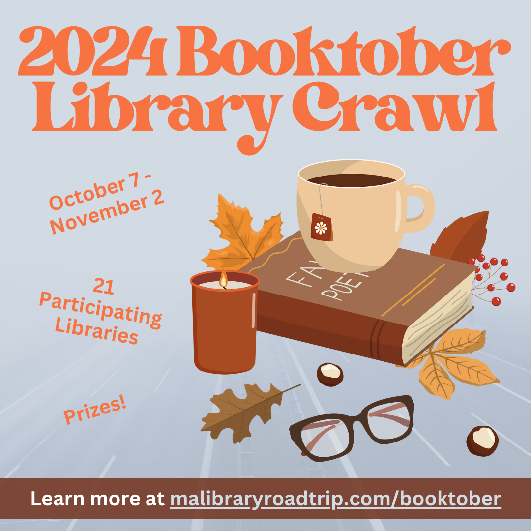 gray background with 2024 Booktober Library Crawl in Orange colored font above a stack of books and surrounded by fall leaves.