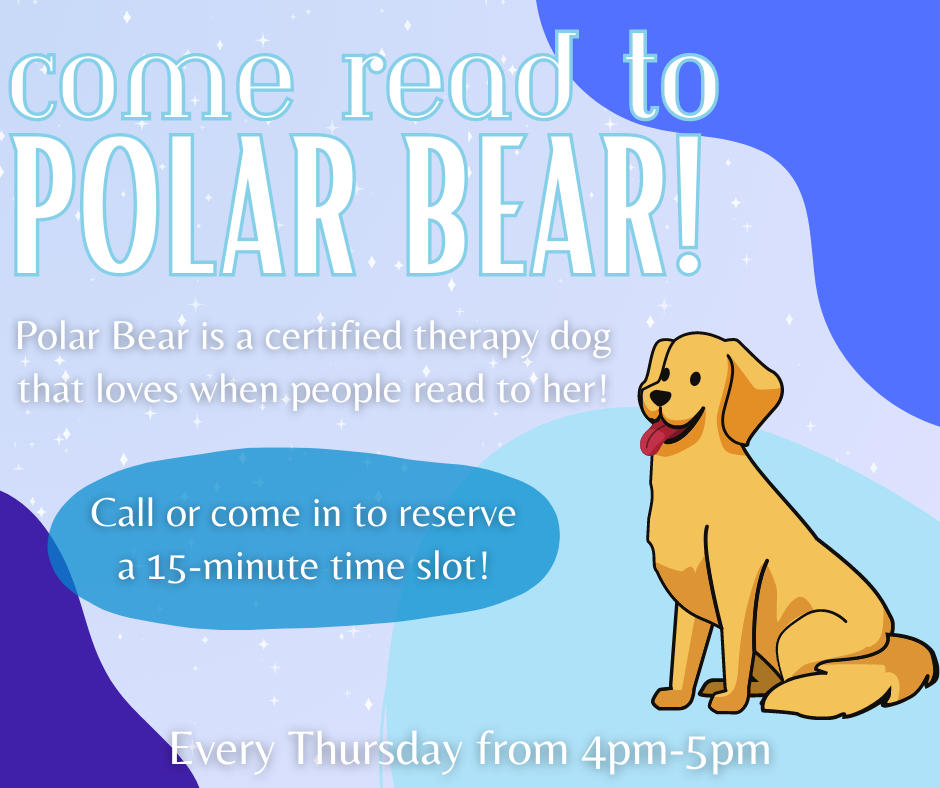 image of a dog with the words : come read to polar bear