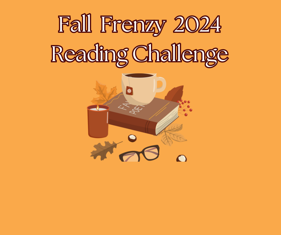 orange background with a stack of books with fall color spines and a cup of tea sitting on the books