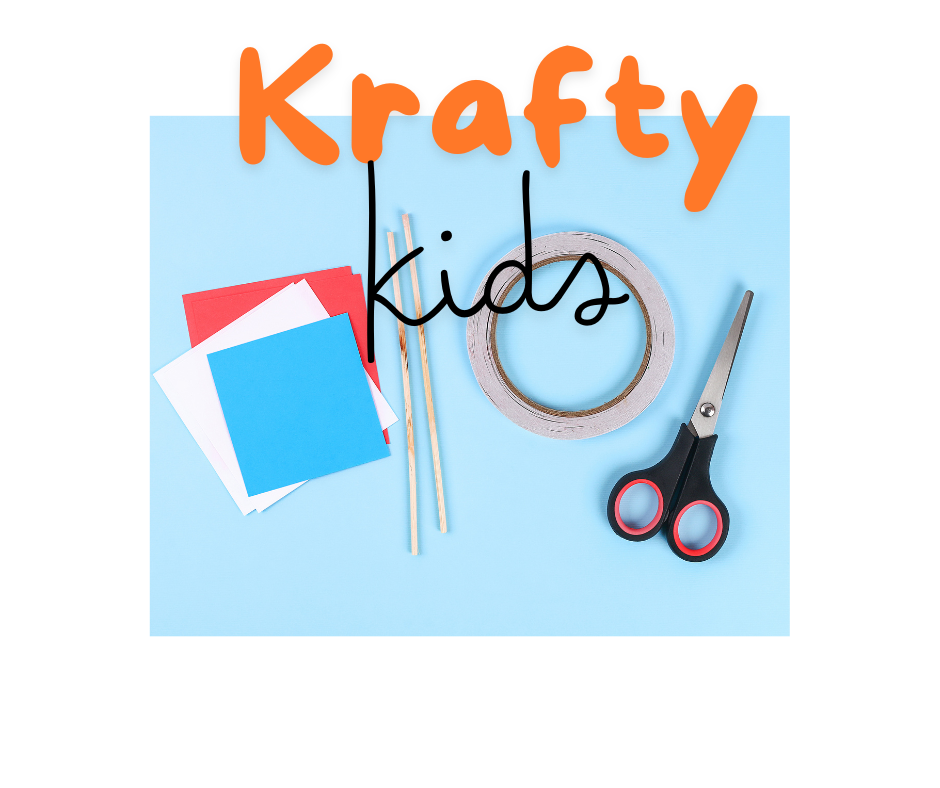blue background with a white border.  on the blue background are scissors, a roll of tape, wooden dowels, and assorted colors of paper.  the words Krafty Kids are on the white border