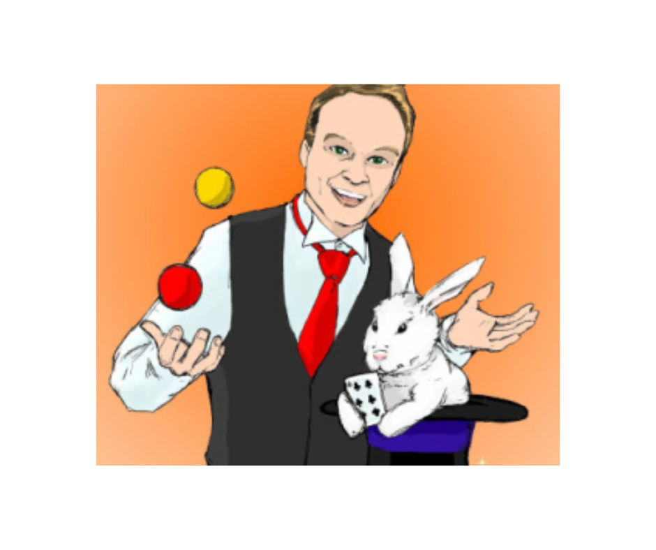 orange background with a drawing of a man in a white shirt, black vest, and red tie.  He is juggling a red ball and a yellow ball.  In front of him is a black tophat with a purple ribbon.  There is a white rabbit holding a playing card in its paws in the hat.