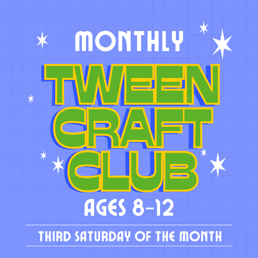 bright blue background with white stars and the words "Tween Craft Club" in green font  outlined in yellow