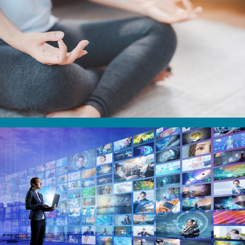 Top half of image shows woman in yoga pose. Bottom half of image shows woman holding laptop looking at a screen of images.
