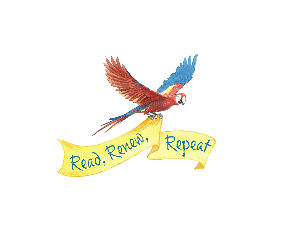 image of a red parrott with blue wings/  the parrot is holding a yellow banner in its talons with the words, read, renew, repeat written on the banner
