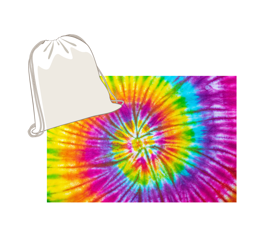 image of a white drawstring backpack sitting on a swatch of tie dye fabric