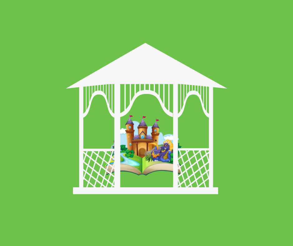 green backround with an image of a white gazebo with a storybook inside of the gazebo