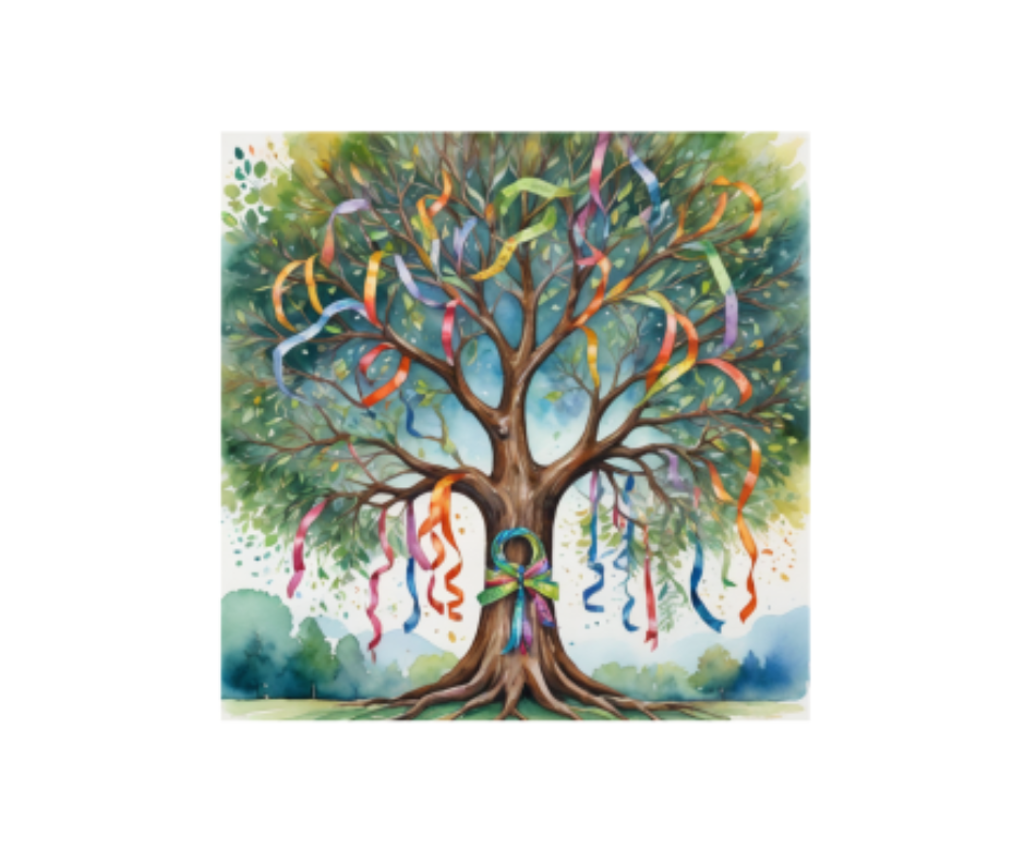 painting of a large tree with colorful ribbons hanging from its branches and fluttering in the wind.