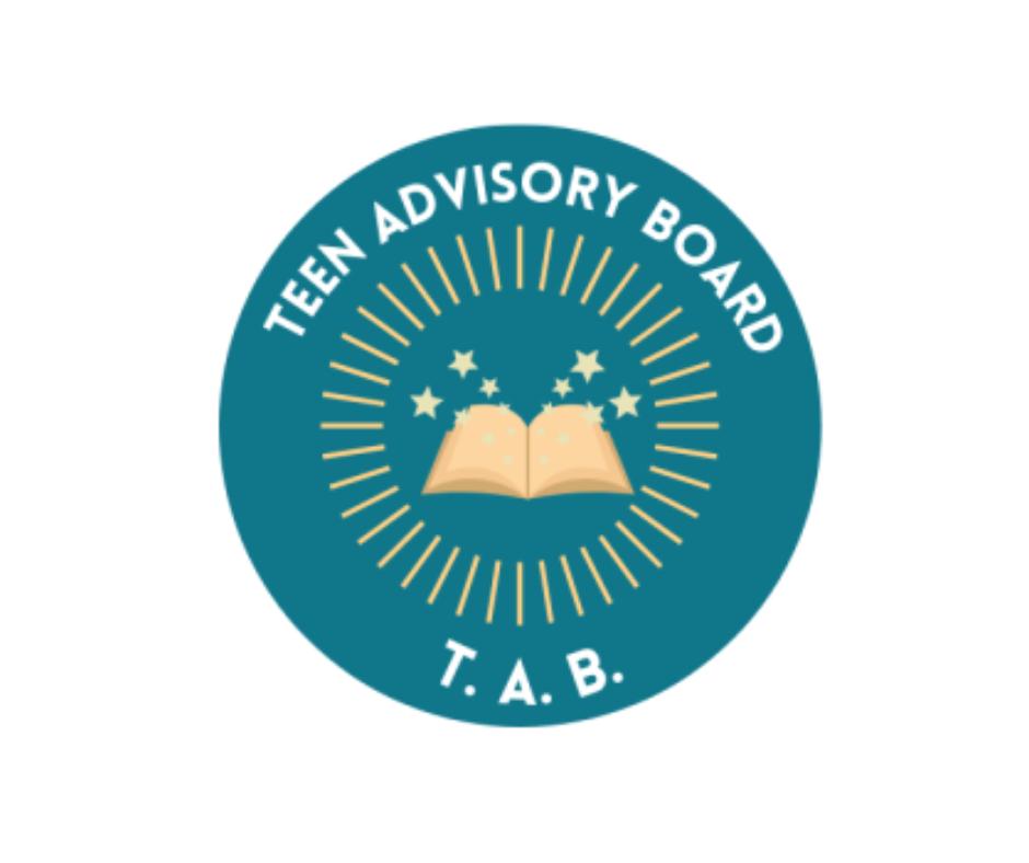 white background with a teal circle.  In the circle there is an open book in gold that has stars shooting out of it and the words Teen Advisory Board written in an arch above 