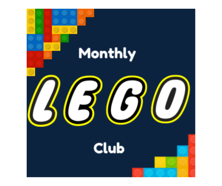 navy blue background with lego blocks in the upper left and lower right corner and the words " Monthly Lego Club" in white on the center of the page