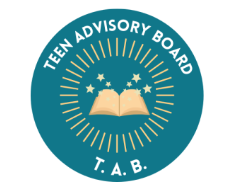 White square with a dark teal circle in the center featuring a gold color open book with gold stars shooting out of it and the words "Teen Advisory Board" in an arch over the book