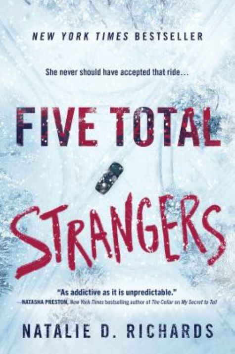 image of a book cover with the words Five total strangers in red text on a snowy background