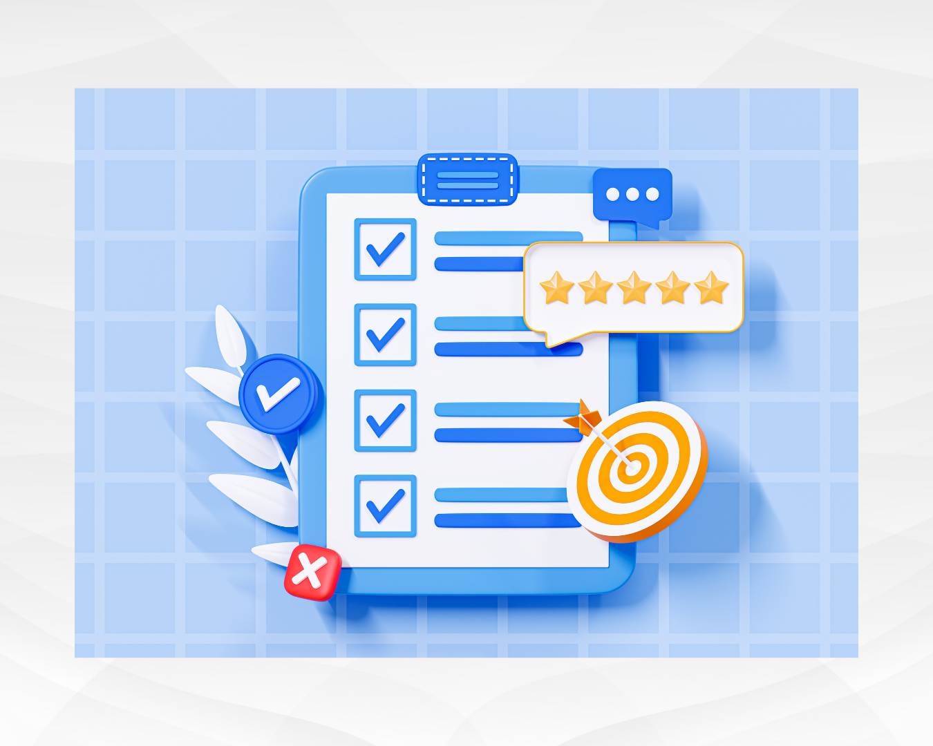 A survey on a clipboard with a five-star review and checkmarks.