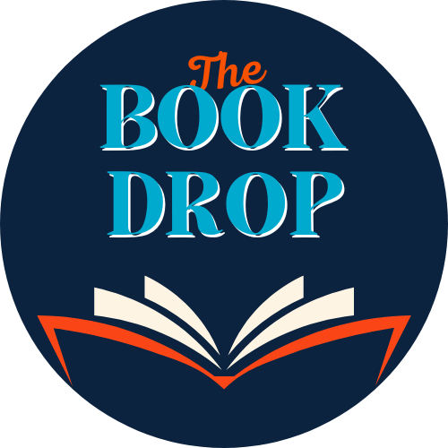 Circular logo for the book drop service features an open book under the title that reads "The Book Drop" 