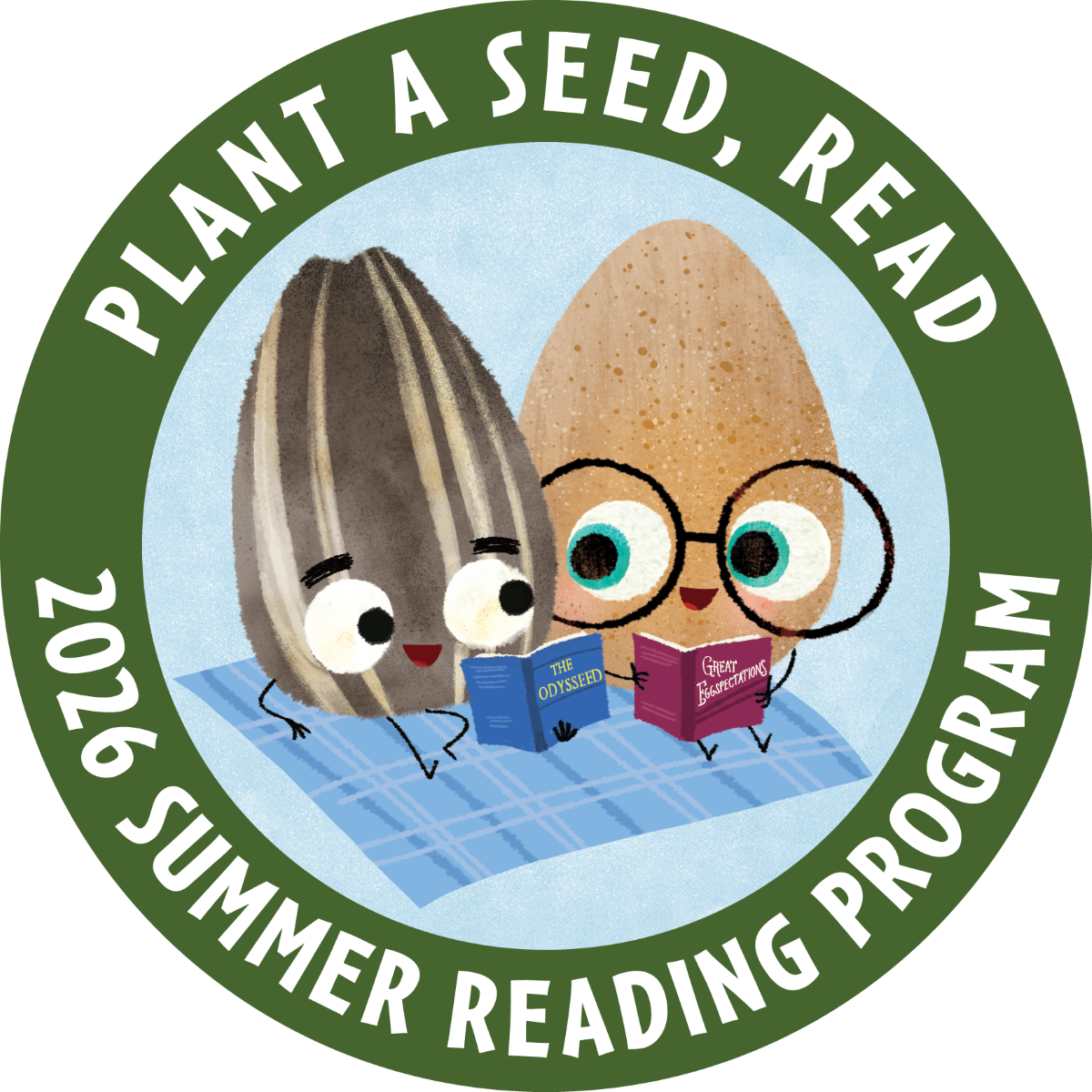 Circular logo reads "Plant a Seed, Read. 2026 Summer Reading Program." Inside the circle are two cartoon seeds reading on a blanket.