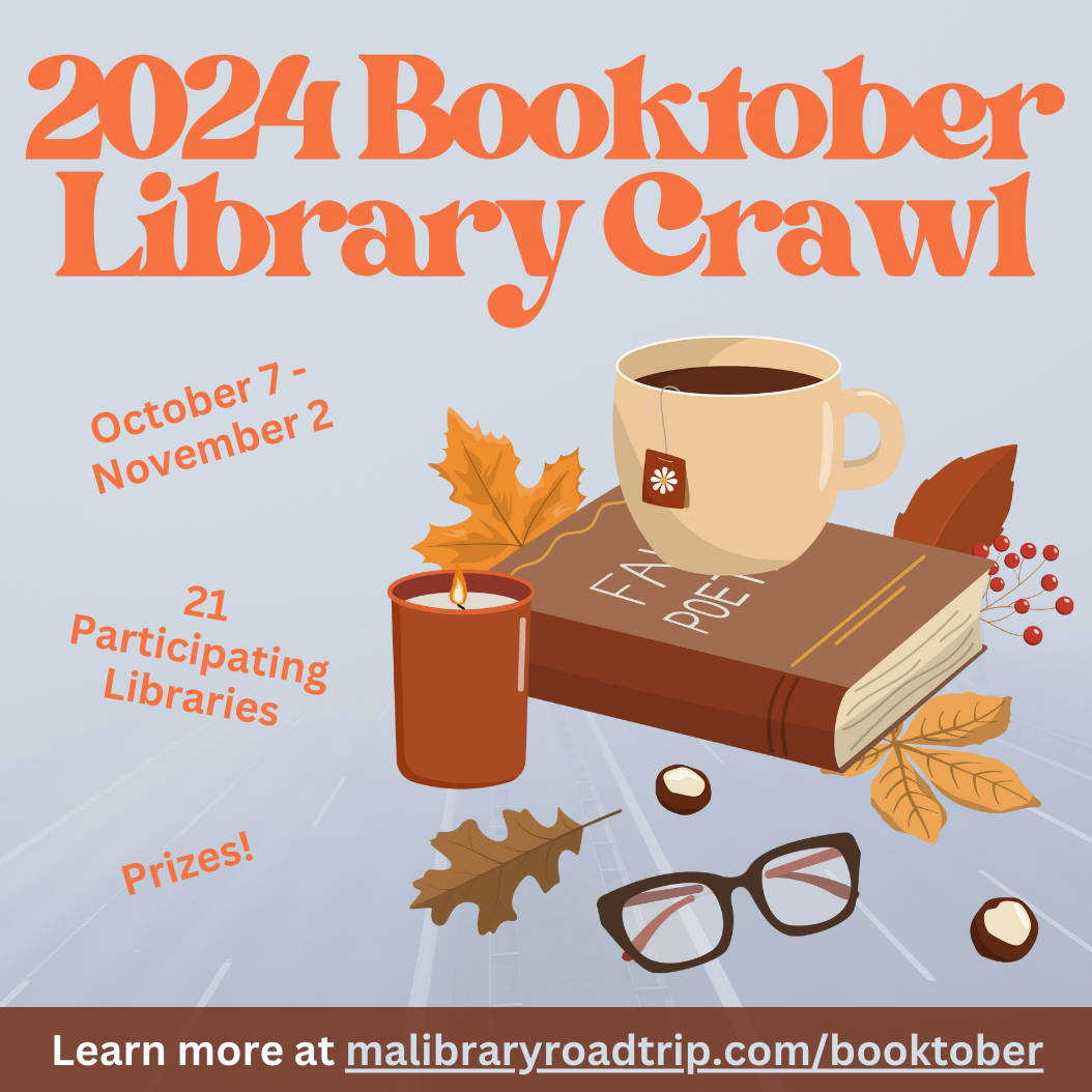 gray background with 2024 Booktober Library Crawl in Orange colored font above a stack of books and surrounded by fall leaves.