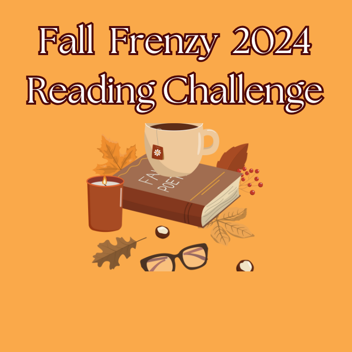 orange background with a stack of books with fall color spines and a cup of tea sitting on the books