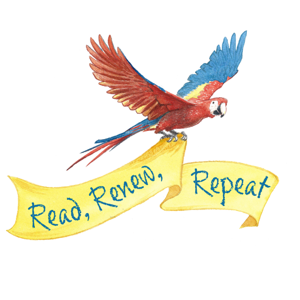 image of a red parrott with blue wings/  the parrot is holding a yellow banner in its talons with the words, read, renew, repeat written on the banner