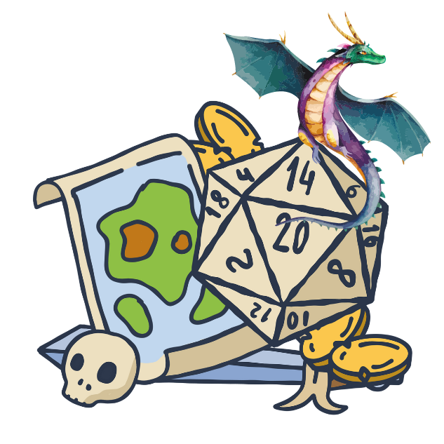 image of D&D dice, a treasure map, gold coin, a sword, a skull, and a dragon