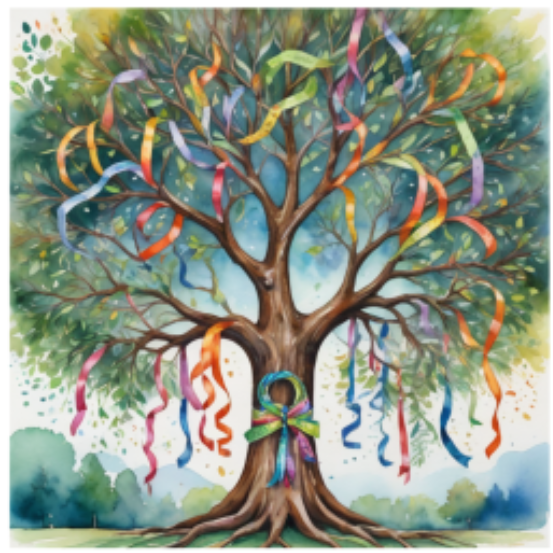 painting of a large tree with colorful ribbons hanging from its branches and fluttering in the wind.