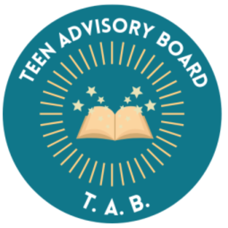 White square with a dark teal circle in the center featuring a gold color open book with gold stars shooting out of it and the words "Teen Advisory Board" in an arch over the book