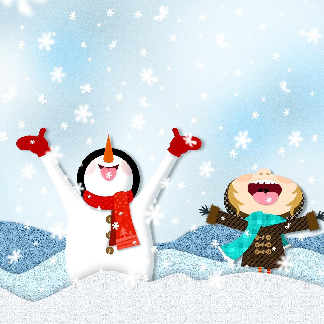 image of a snowman and child looking to the sky with their tongues out catching snowflakes