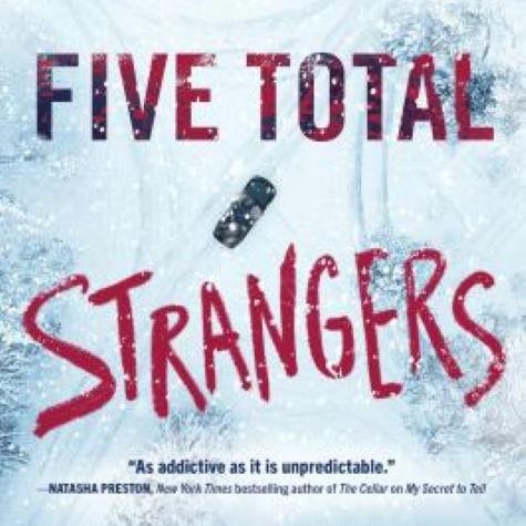 image of a book cover with the words Five total strangers in red text on a snowy background