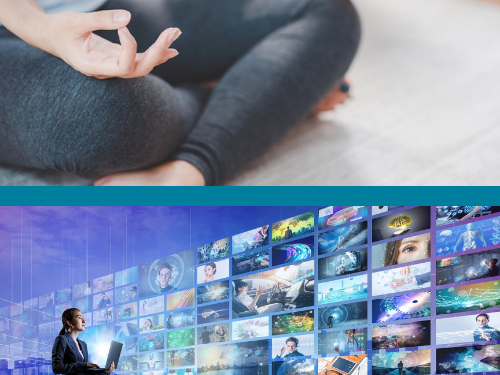 Top half of image shows woman in yoga pose. Bottom half of image shows woman holding laptop looking at a screen of images.