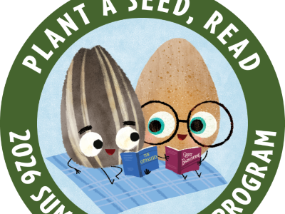 Circular logo reads "Plant a Seed, Read. 2026 Summer Reading Program." Inside the circle are two cartoon seeds reading on a blanket.