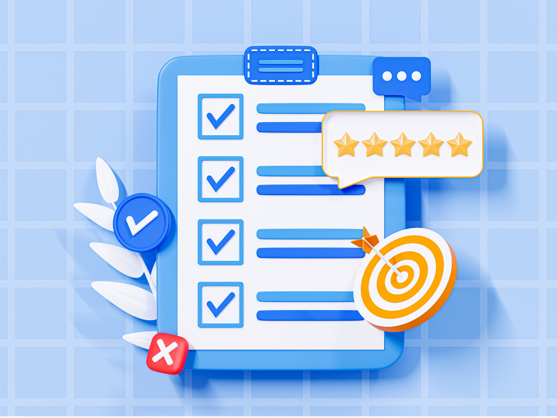 A survey on a clipboard with a five-star review and checkmarks.